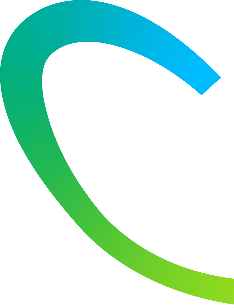 Colorful, abstract geometric shape with a curved green and blue ribbon-like structure.