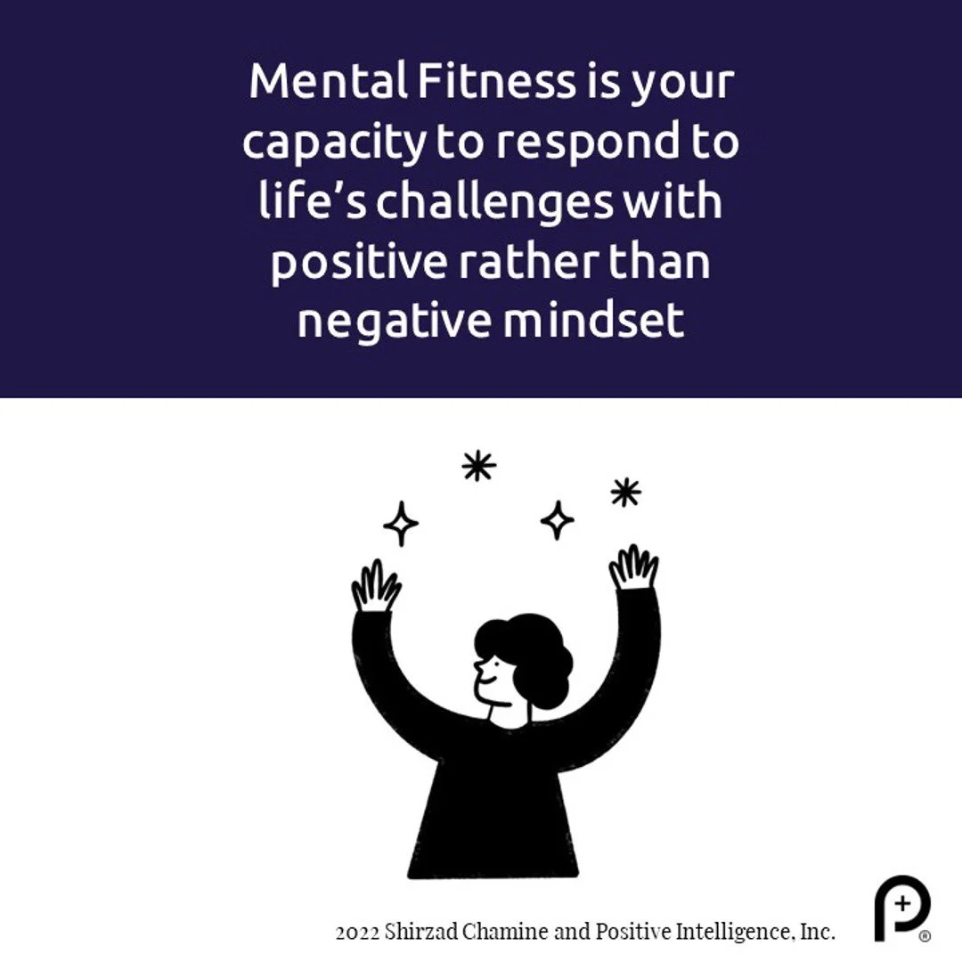 Quote on mental fitness with a black and white illustration of a person with raised arms and sparkles around them.