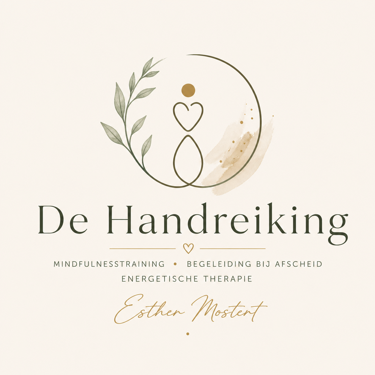 Logo voor 'De Handreiking' met een minimalistisch ontwerp van een bladeren, een hart, en een cirkel, met tekst over mindfulness training, begeleiding bij afscheid, en energetische therapie door Esther Mostert.