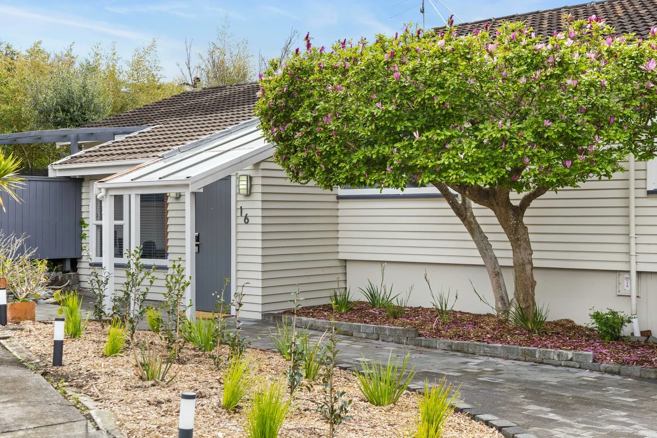 Front yard of a house with a tree, a pathway, and landscaped plants.