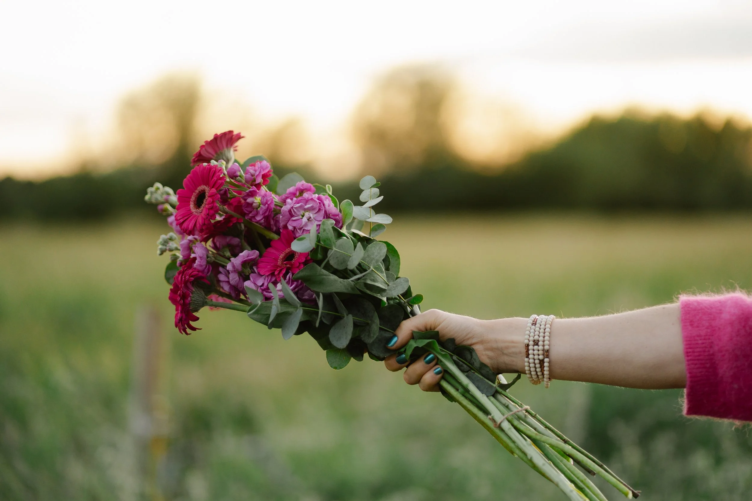 A person wearing a pink sweater and pearl bracelets is holding a bouquet of pink, red, and white flowers with greenery, outdoors during sunset.