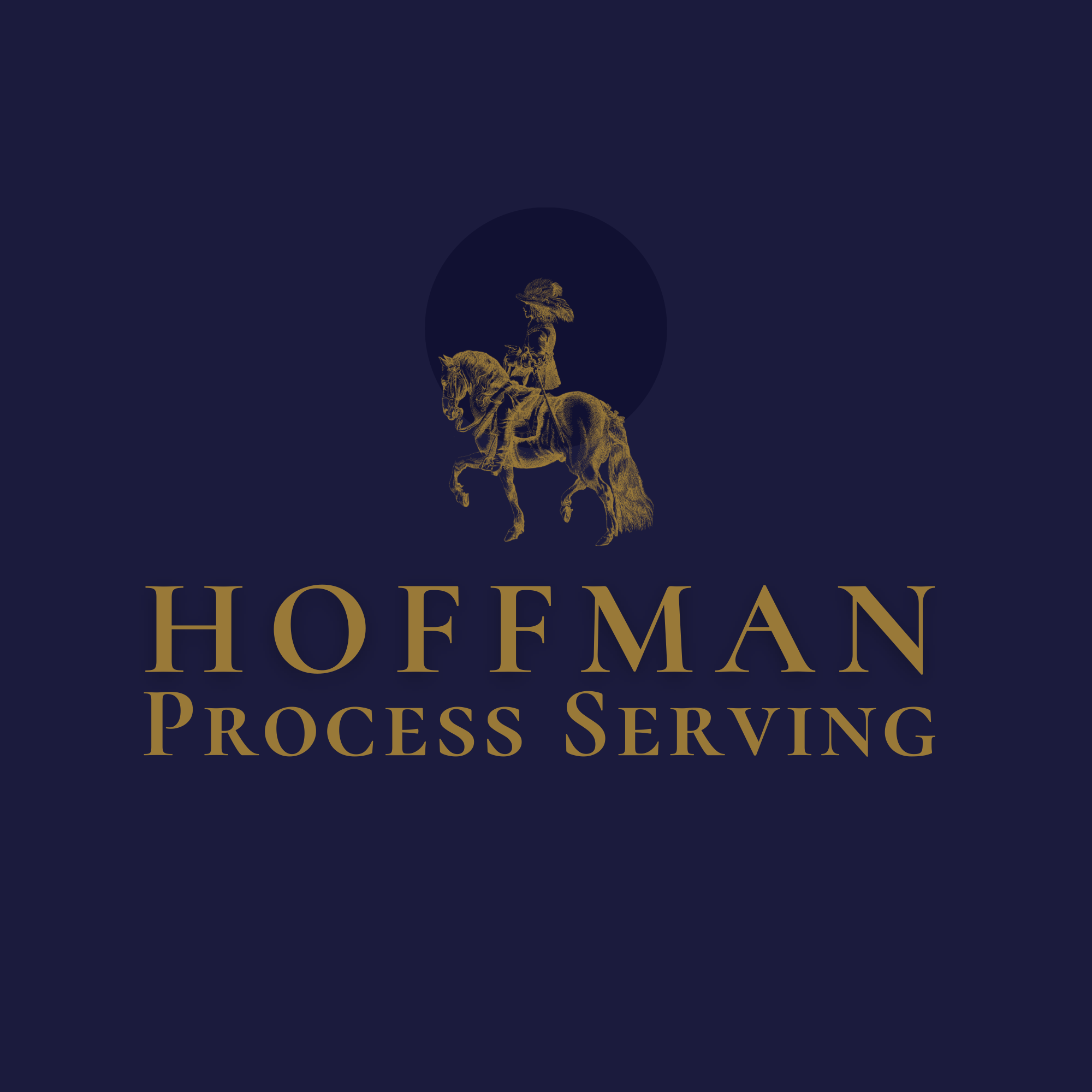 Dark blue background with a gold line drawing of a man on horseback in the center, with the text 'HOFEMAN PROCESS SERVING' below in large gold letters.
