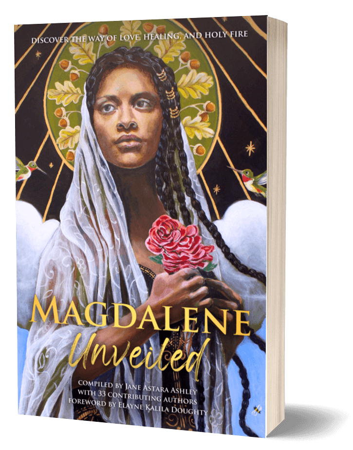 Book cover titled 'Magdalene Unveiled'. It features an illustrated portrait of a woman with dark skin, braided hair, holding a pink rose, with a radiant halo and a celestial background with angels and stars.