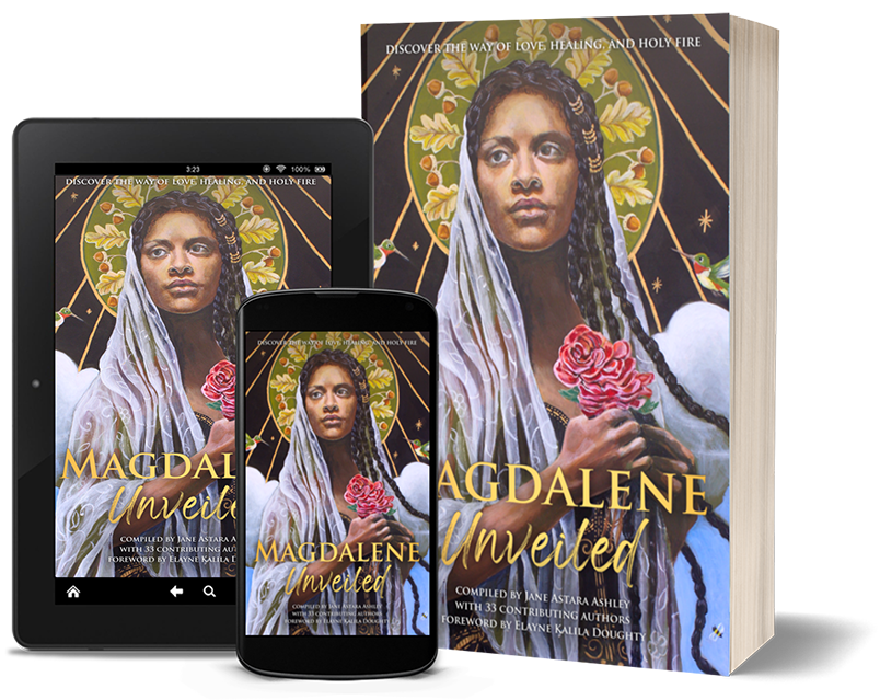 A book titled 'Magdalene Unveiled' with a cover illustration of a woman holding pink roses, wearing a white veil and with a halo of flowers behind her head. The book is displayed alongside a tablet and a smartphone, both showing the same cover.