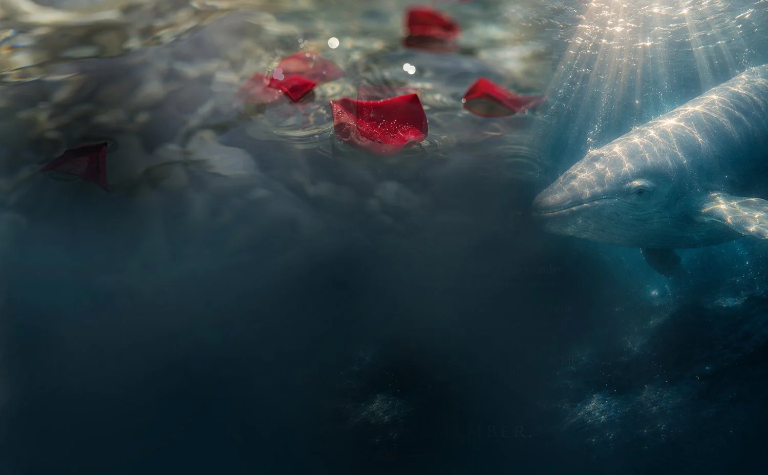 A whale swimming under the water near red flower petals floating on the surface.