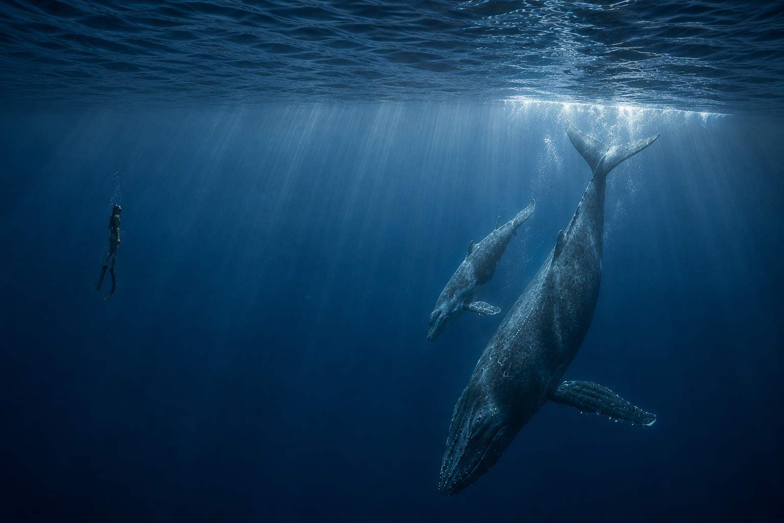 A diver underwater with two whales swimming nearby in the ocean.