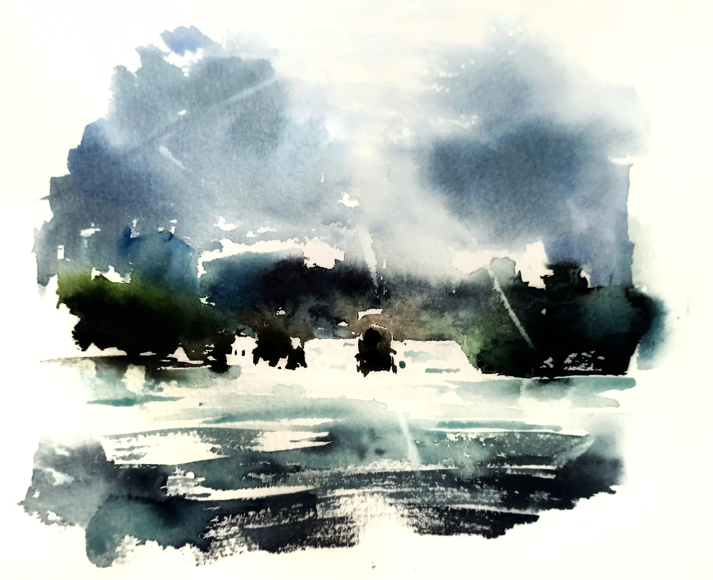 Une peinture abstraite avec des teintes de bleu, noir, gris et vert, représentant des formes floues et des traces de pinceau.