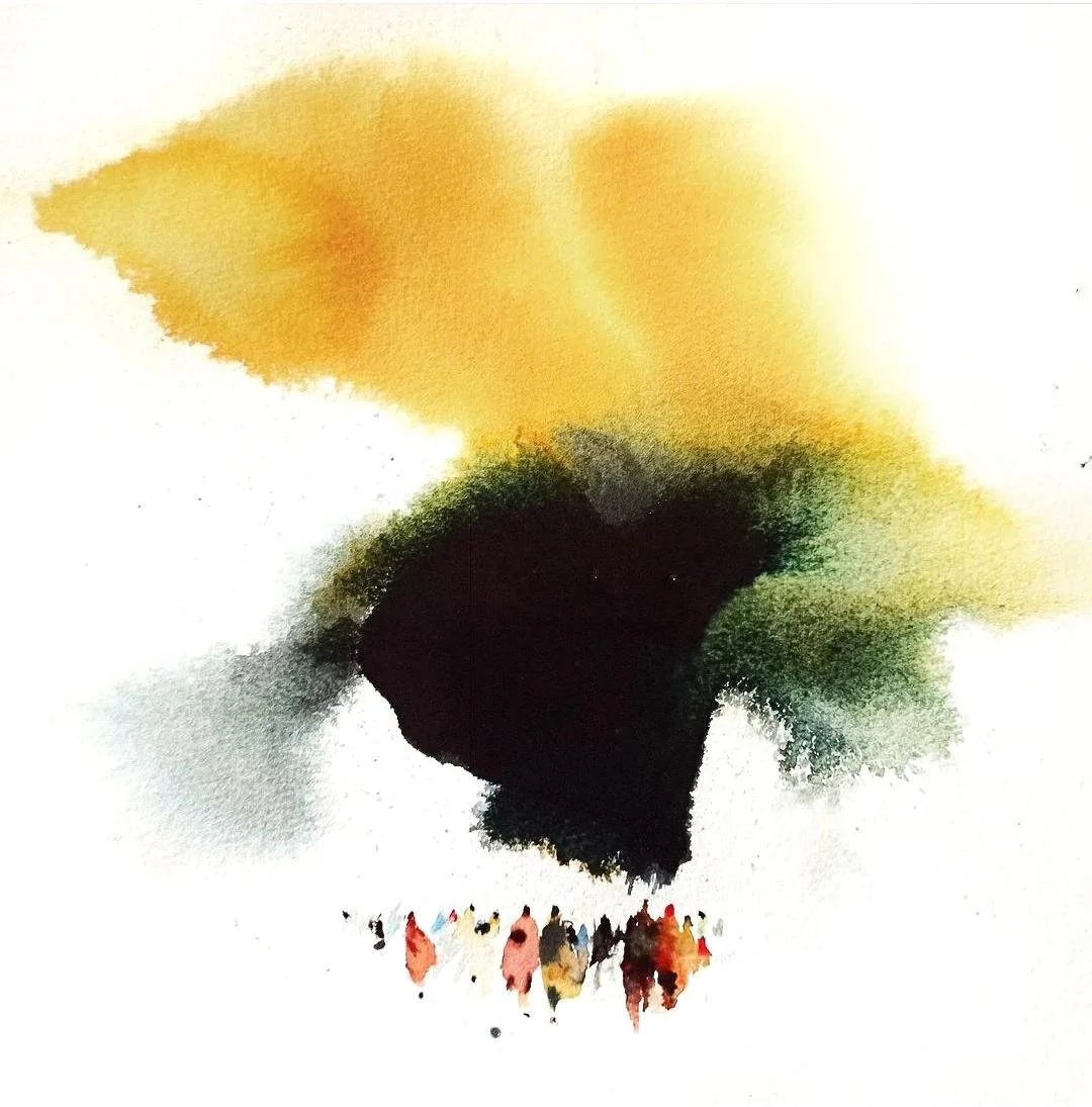 Une peinture abstraite représentant un crâne avec des couleurs jaunes, noires, vertes et quelques taches rouges en bas.