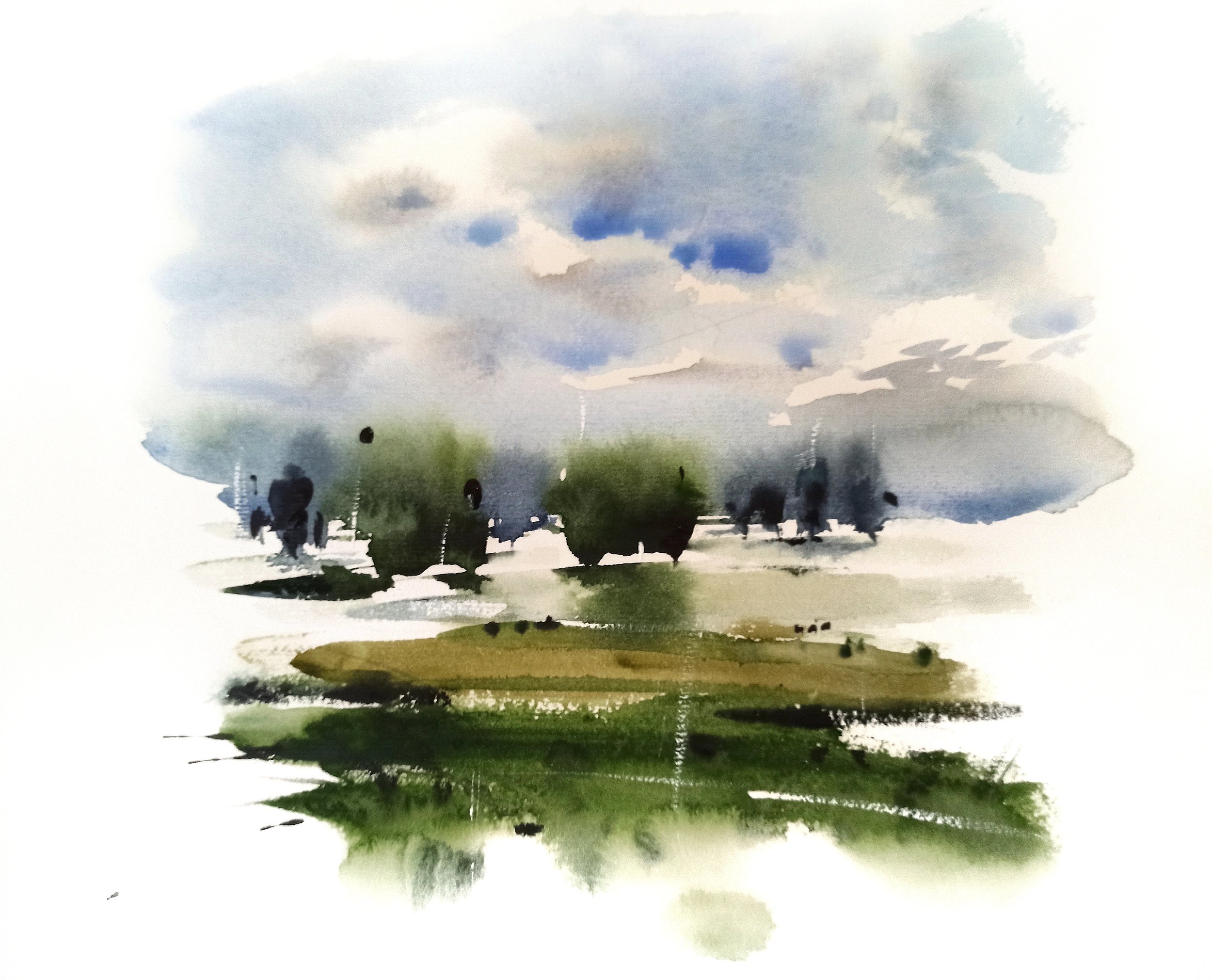 Aquarelle représentant un ciel nuageux avec des zones de couleur bleue et grise, et un paysage de silhouettes d'arbres et de personnes au sol.