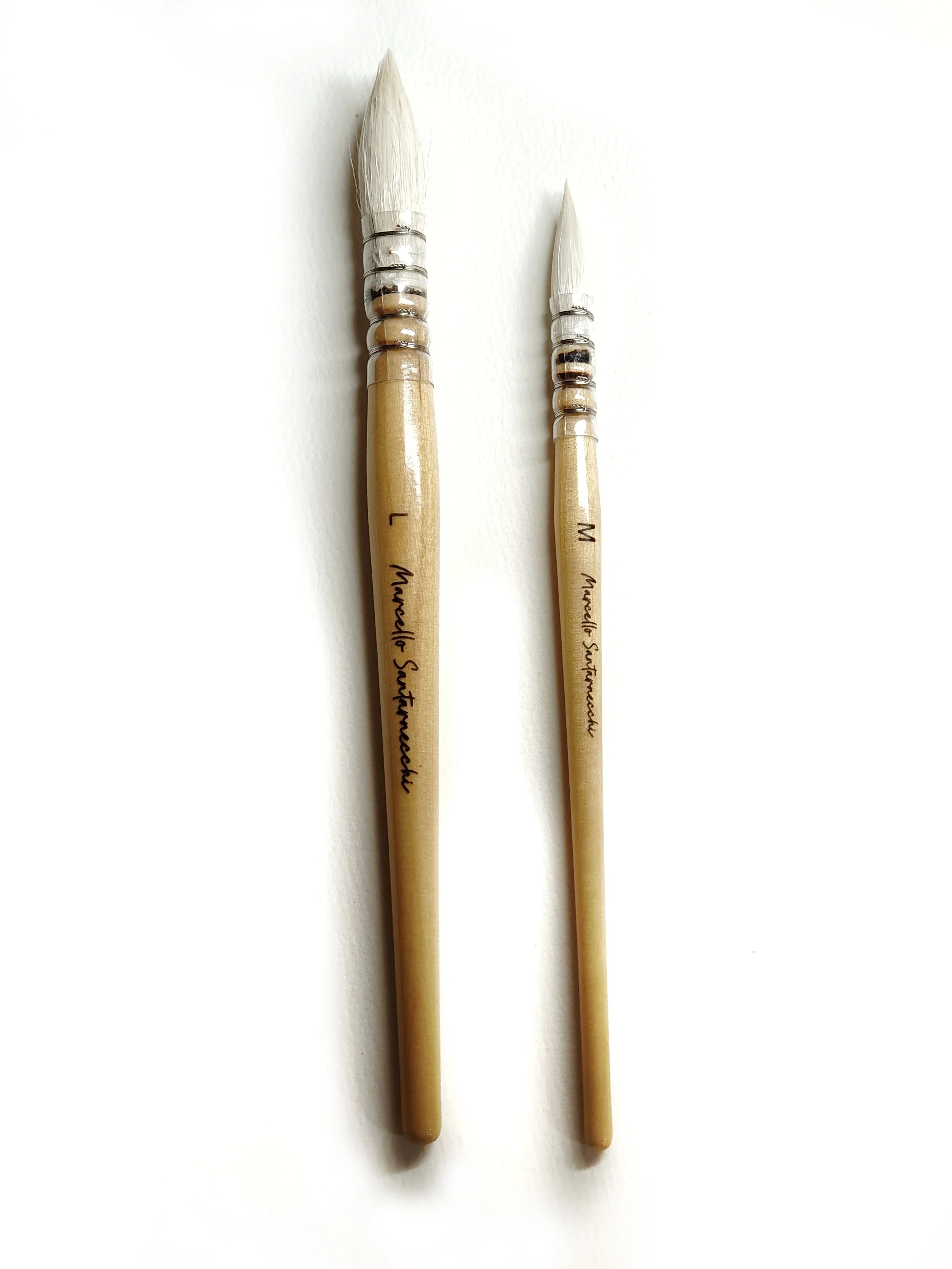 Deux pinceaux de bricolage avec des manches en bois, de tailles différentes, et des poils blancs, posés sur un fond blanc.