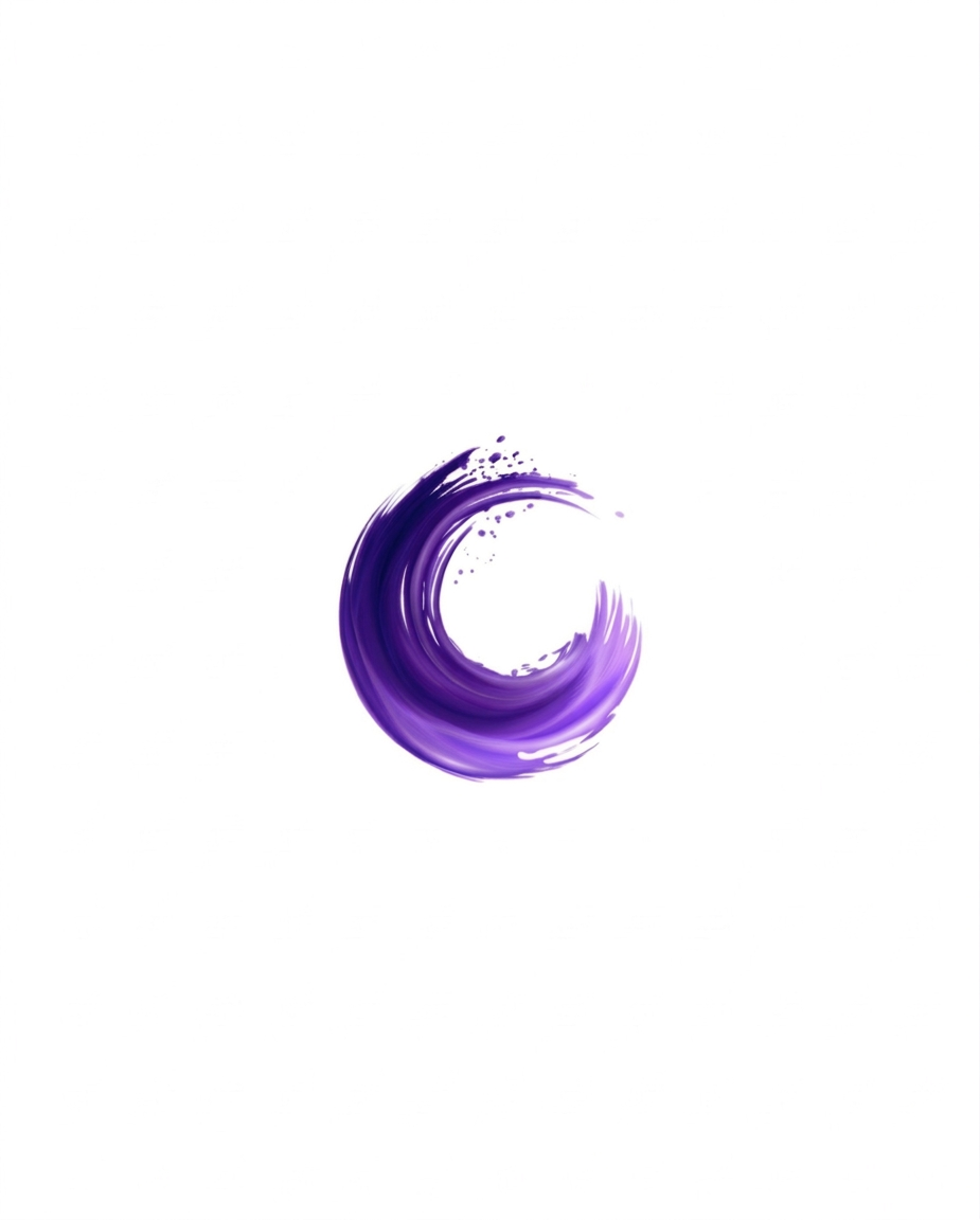 Logo artistique violet en forme de vague ou de cercle.