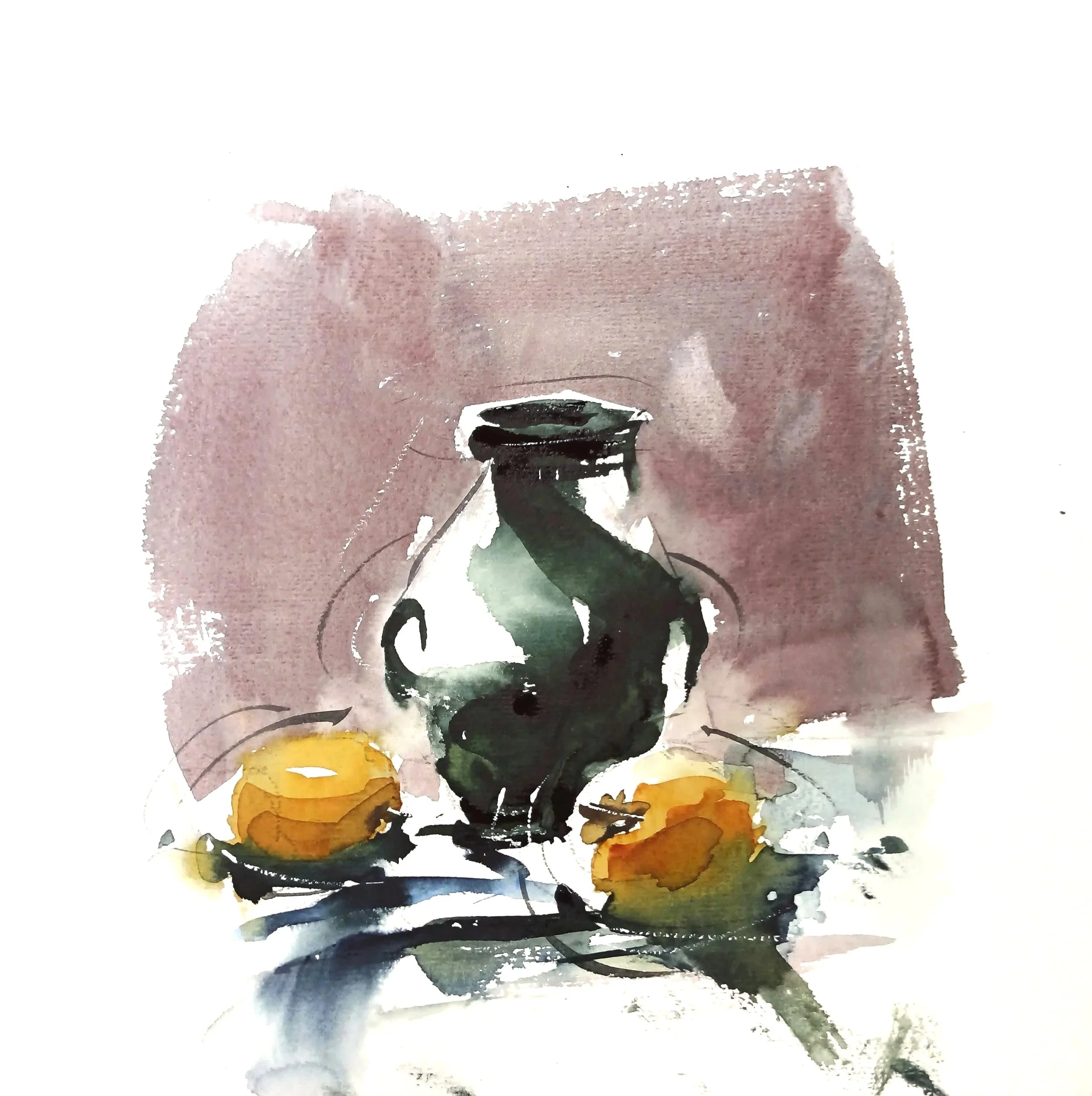 Peinture abstraite avec des taches de couleurs variées telles que le jaune, le vert, l'orange, le noir, le blanc et des nuances de rose et violet.