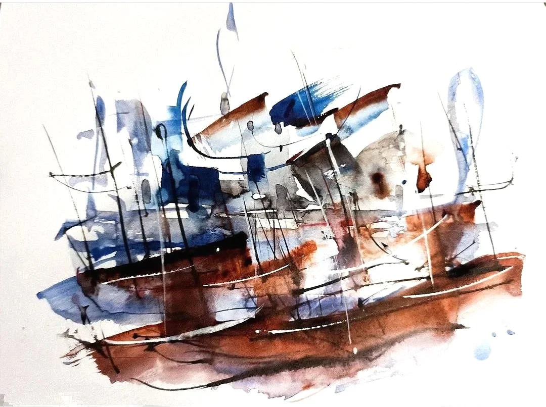 Un tableau abstrait représentant un port ou un bateau, avec des couleurs principalement bleues, marron et noires.