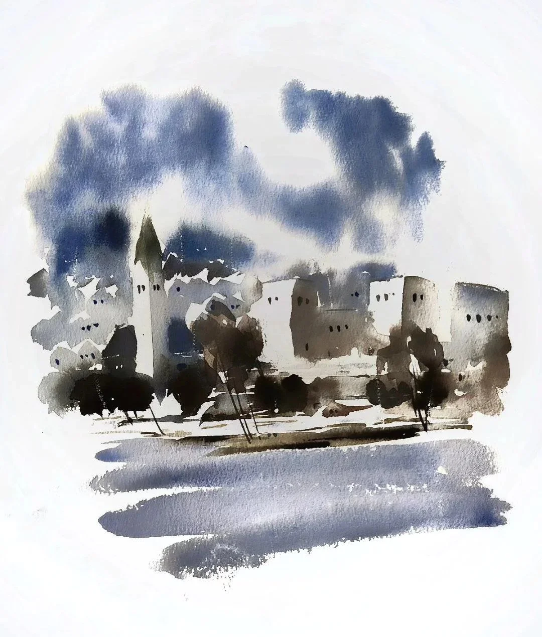 Peinture à l'aquarelle représentant un paysage urbain avec des bâtiments, des arbres et un ciel nuageux.