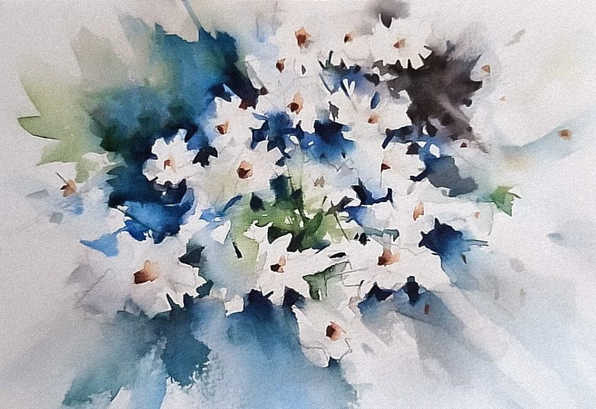 Image stylisée d'un bouquet de fleurs blanches, bleu et vert avec un effet aquarelle.