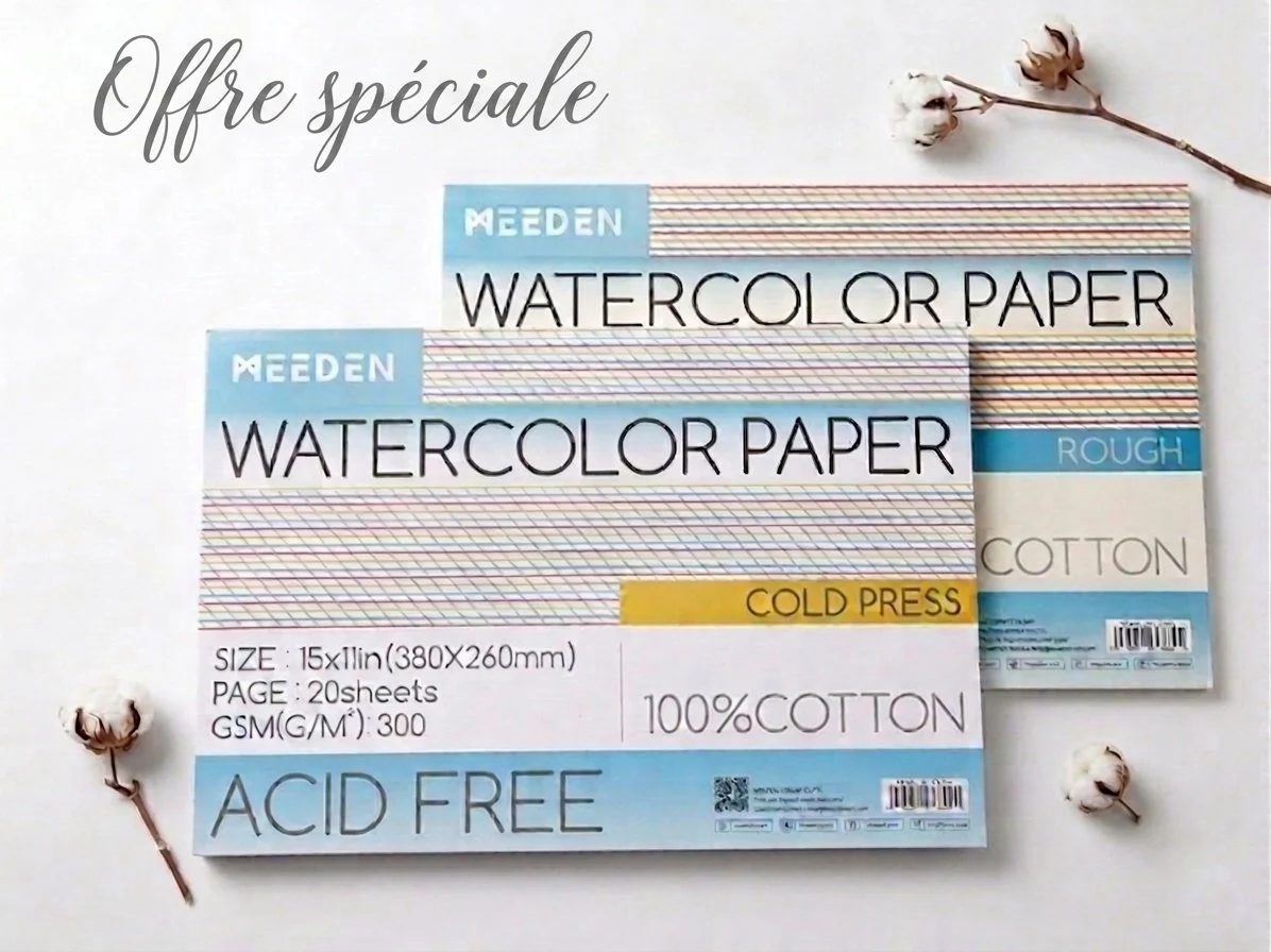 Deux paquets de papier watercolor de la marque Meeden, un en blanc cassé et un en bleu, avec étiquettes indiquant qu'ils sont en coton, sans acide, et adaptés pour l'aquarelle. La légende en haut indique une offre spéciale.
