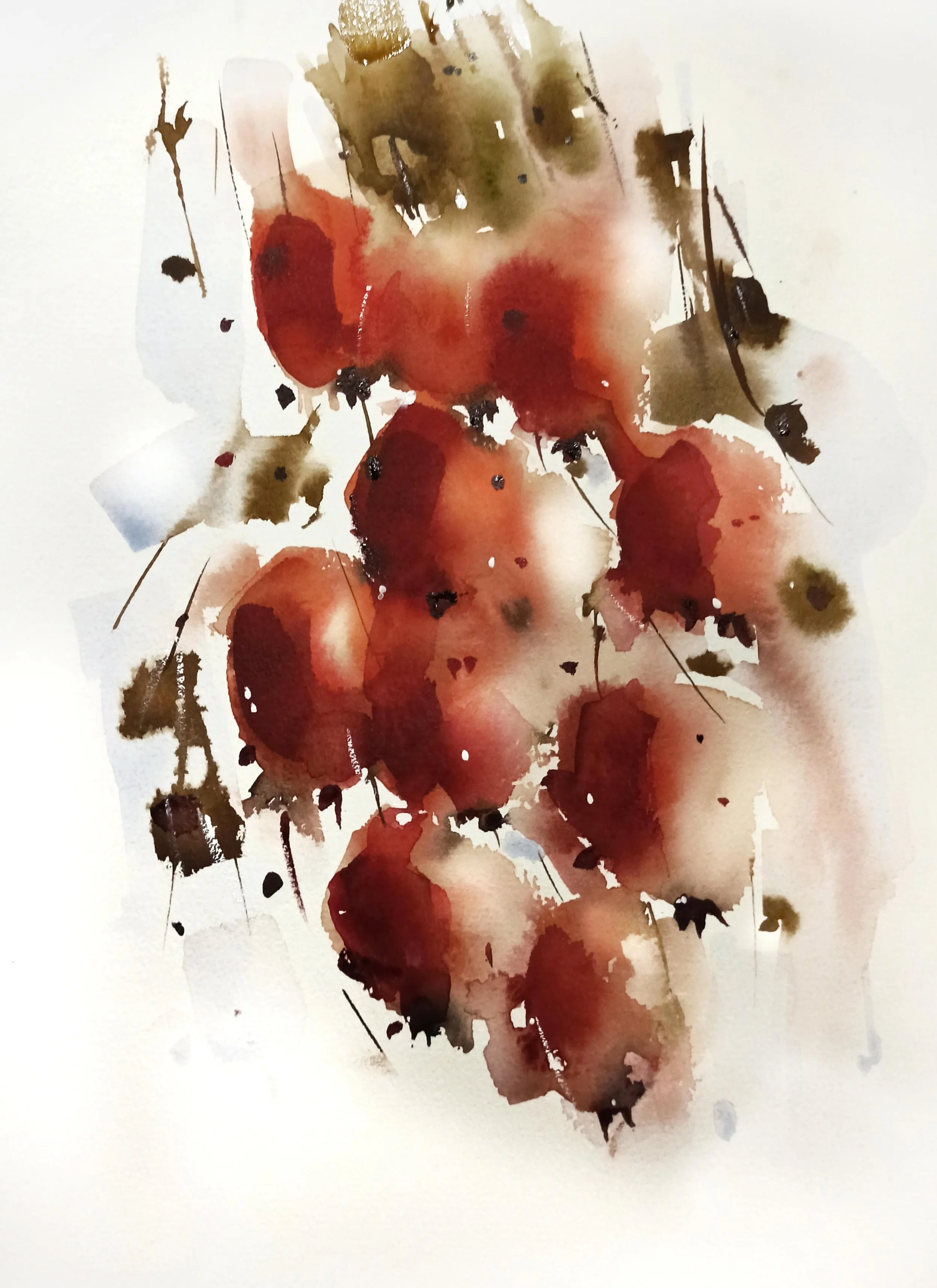 Une œuvre d'art abstraite représentant des grappes de tomates rouges, peintes avec des techniques aquarelle, avec des traits noirs et des touches de brun