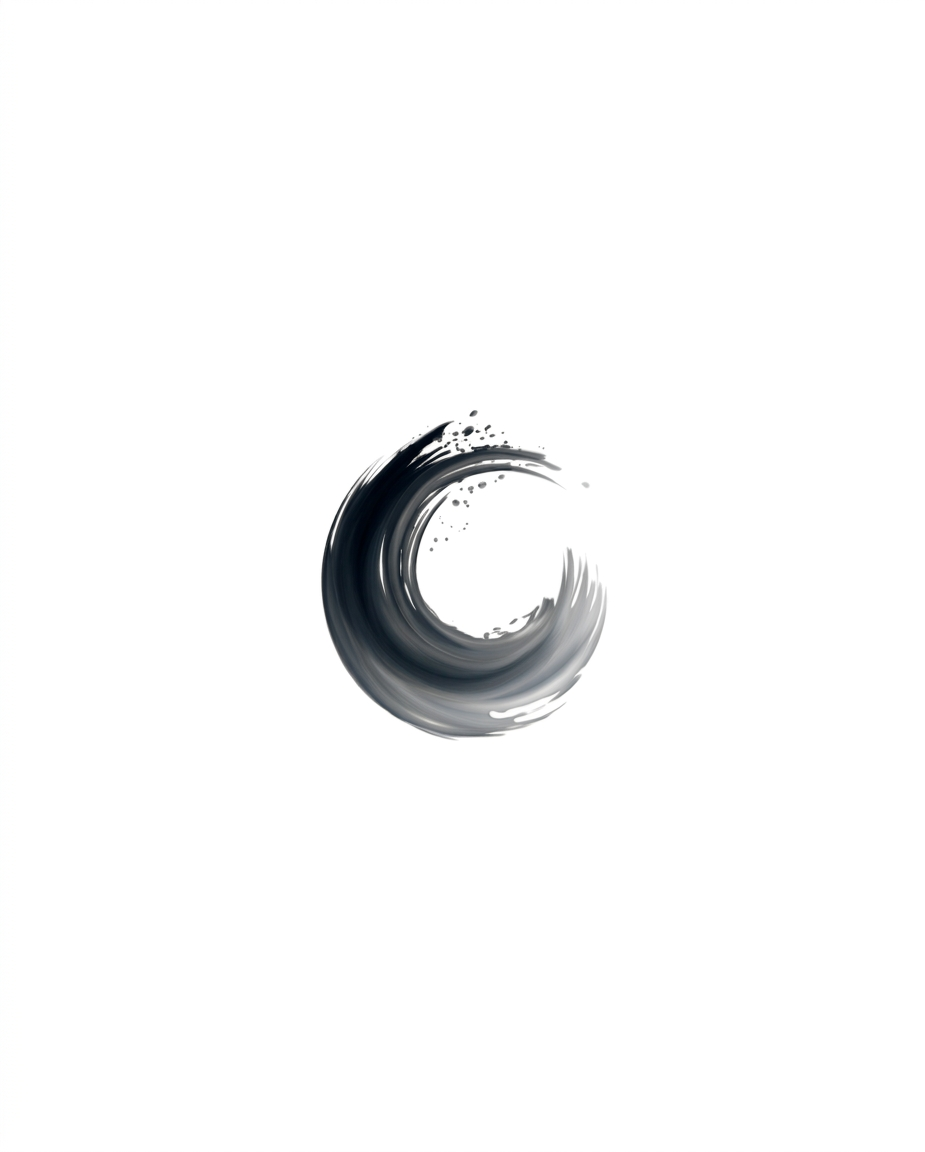 Logo abstrait ressemblant à une vague noire en rotation, sur fond blanc.