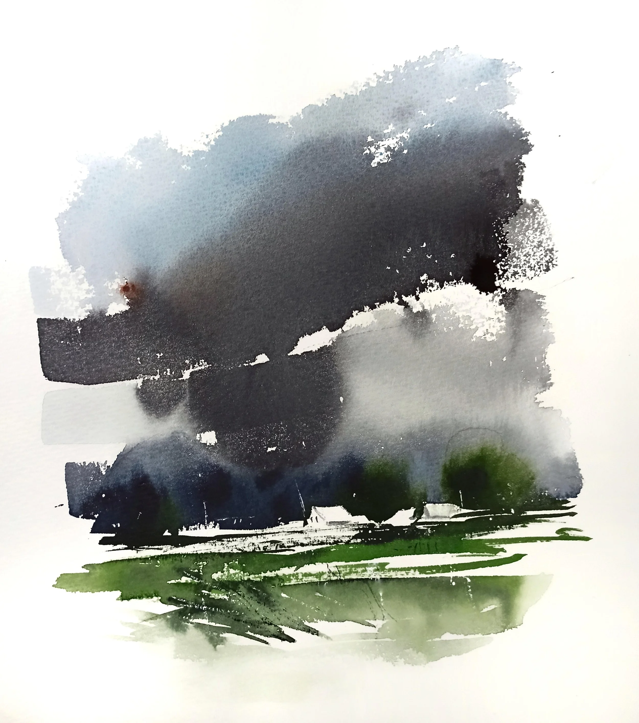 Taches d'encre noire, gris, vert foncé, et vert clair sur fond blanc.