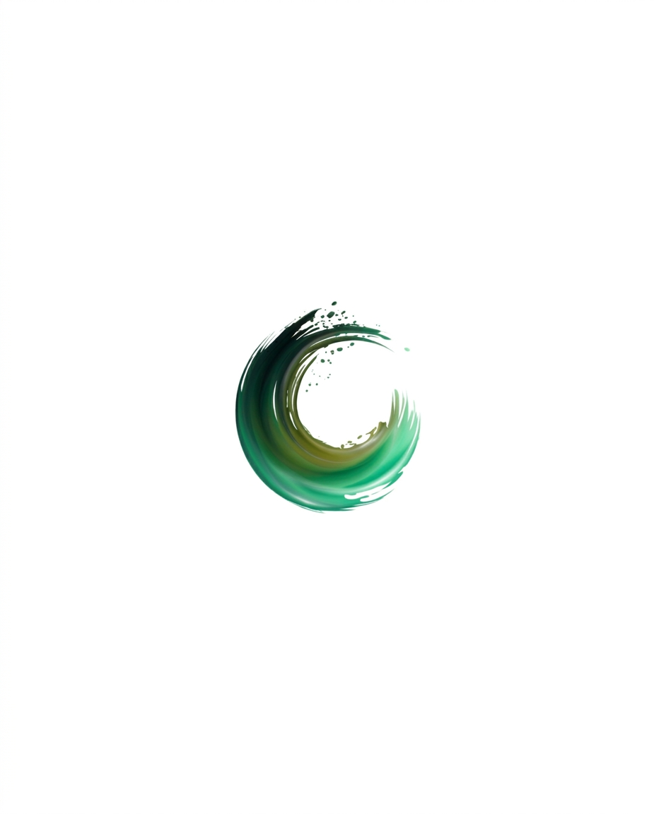 Logo abstrait de forme circulaire en dégradé de verts et noirs sur fond blanc.