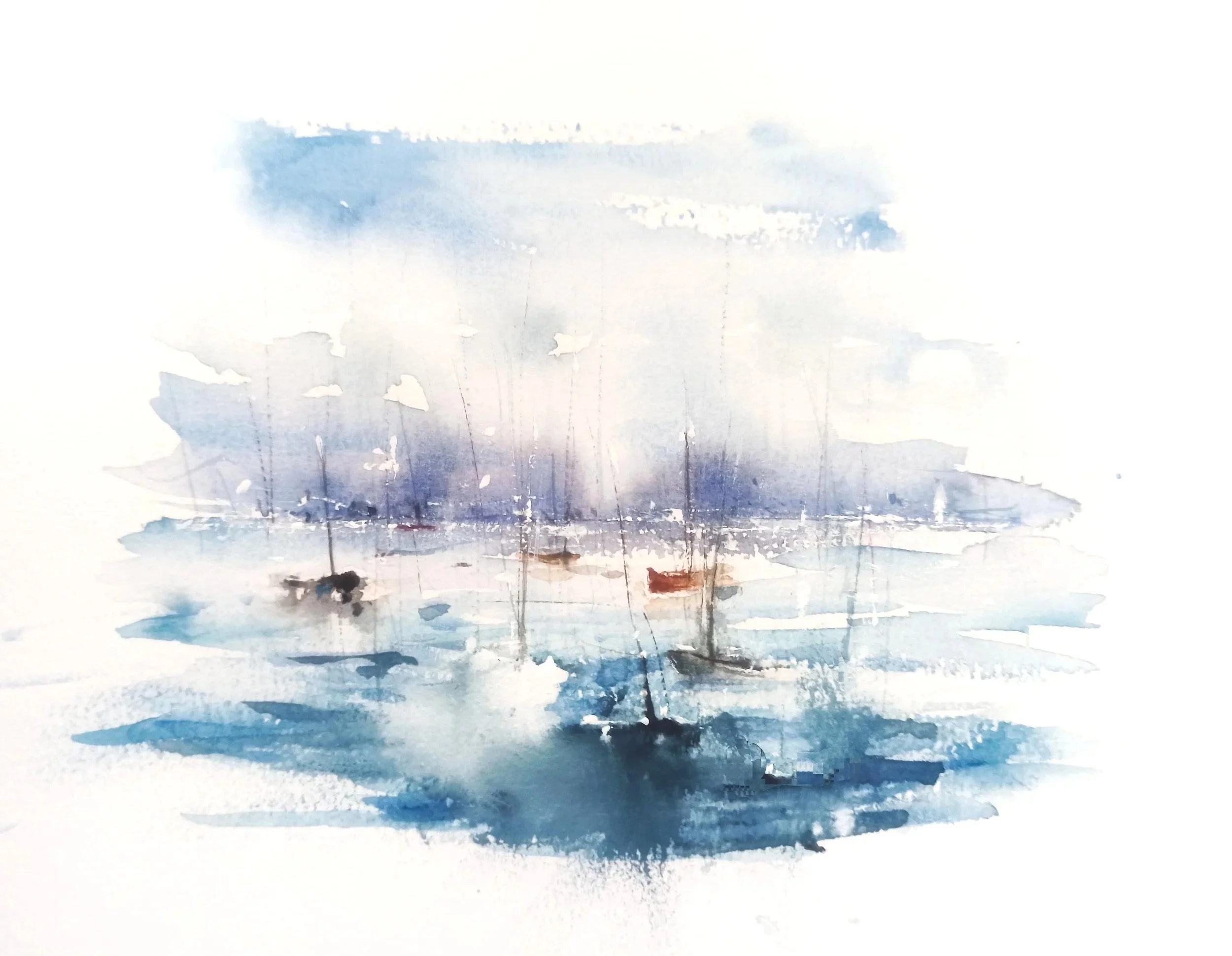 Peinture aquarelle représentant un paysage marin avec des voiliers, des couleurs dominantes de bleu et blanc.