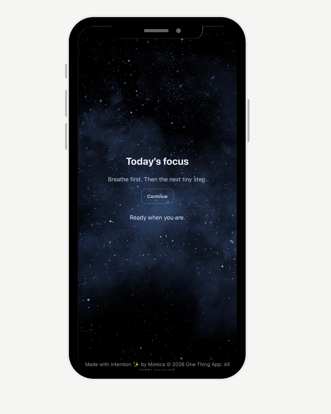 Smartphone screen showing an app with a cosmic starry background, titled 'Today's focus,' with a 'Continue' button, and text about breathing and readiness.