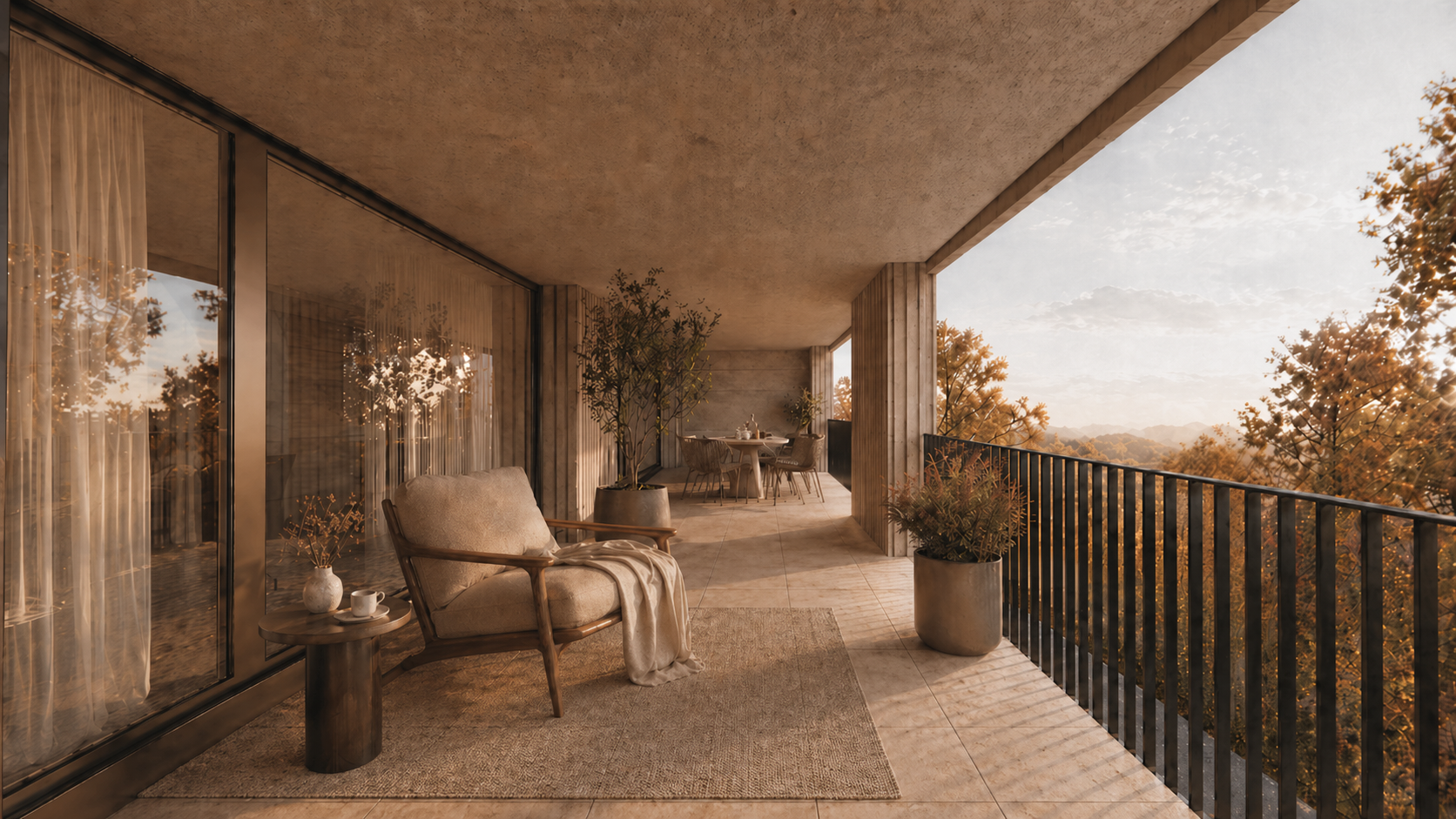 Balcony with beige armchair, small side table with a coffee cup, potted plants, and a view of trees and mountains during sunset.