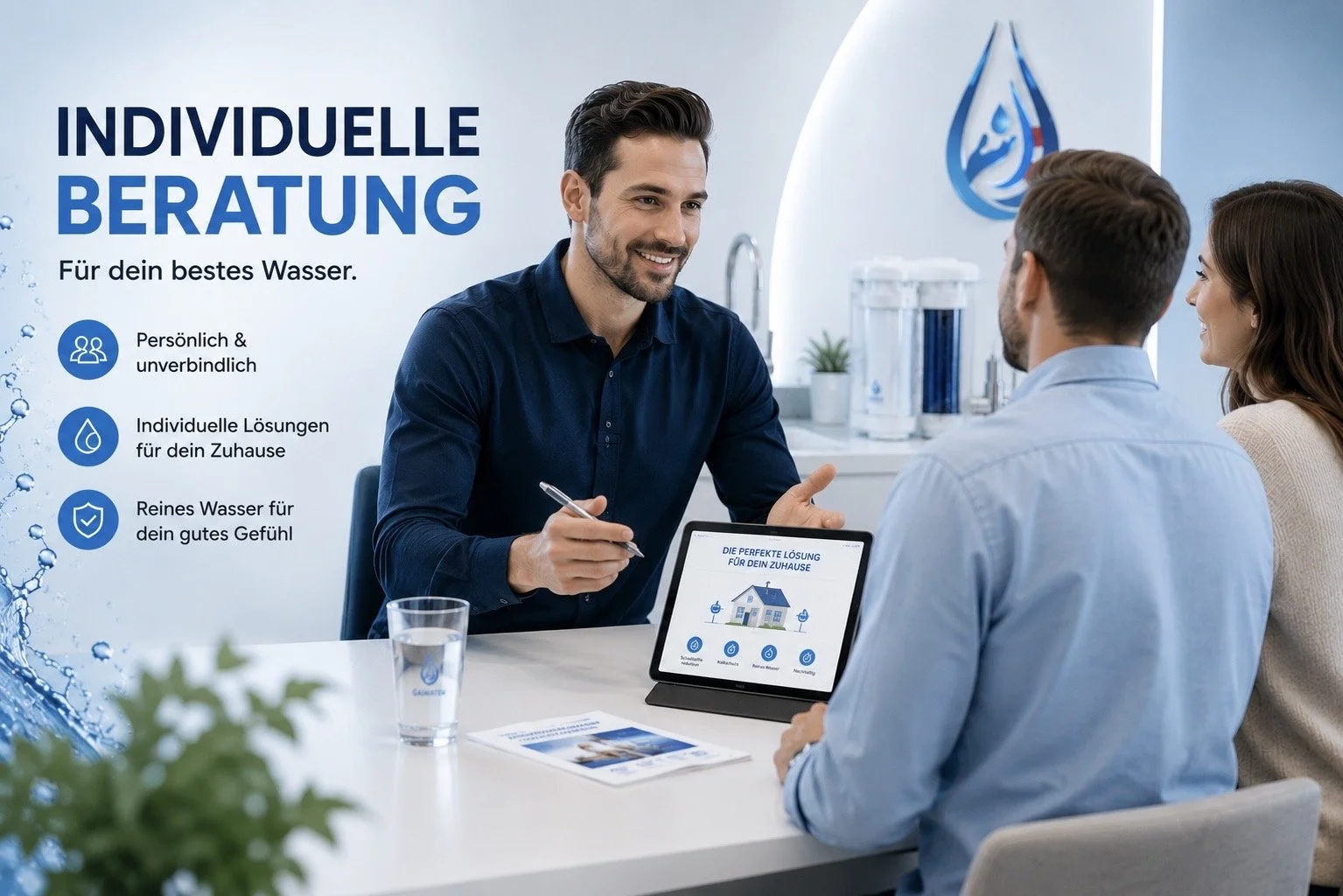 Ein Beratungsgespräch nach einem Wasser-Test mit einem Mitarbeiter, der einem Paar Wasserlösungen vorstellt, im modernen Office.