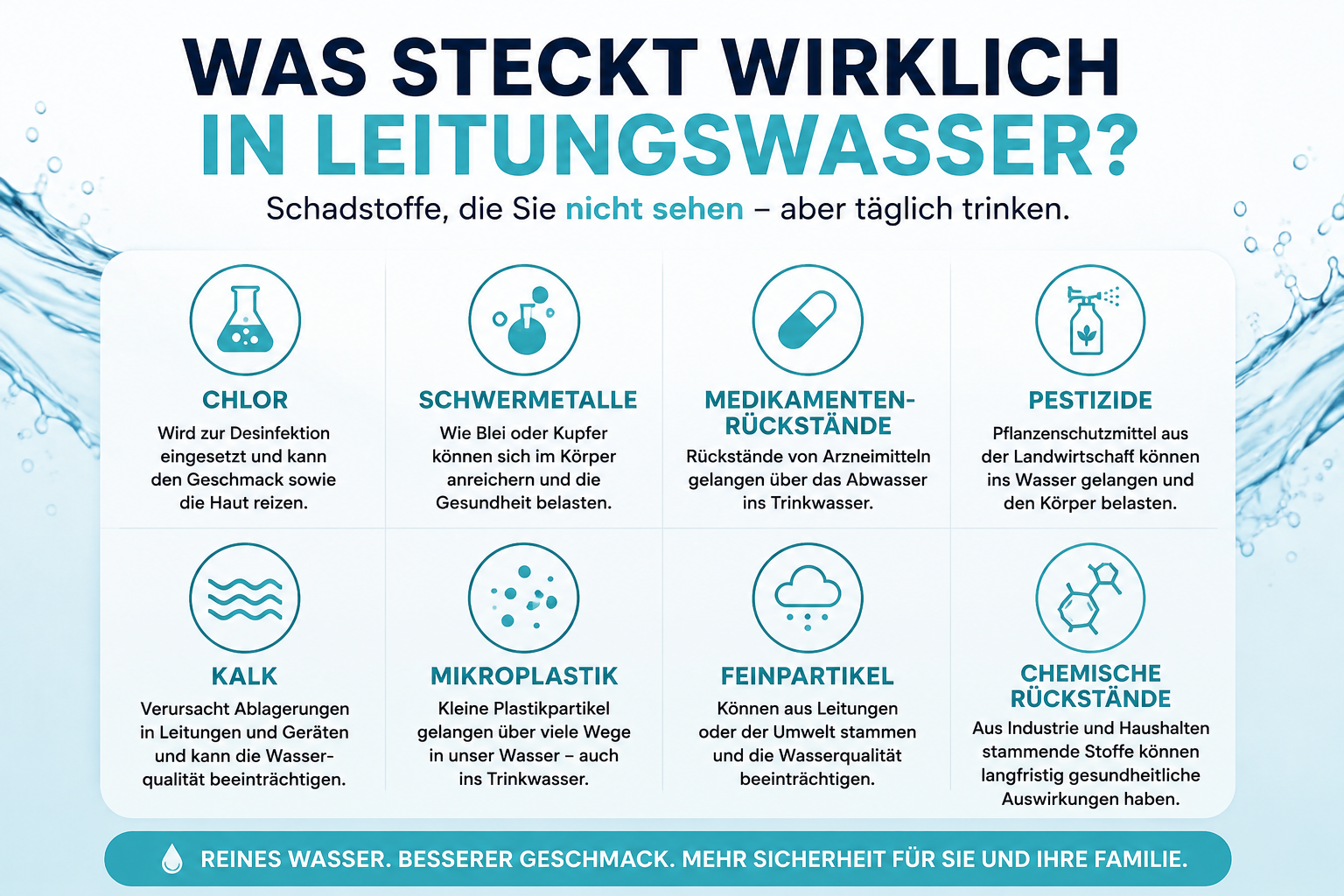 Infografik über Schadstoffe in Leitungswasser mit zehn Symbolen und Text. Titel: "Was steckt wirklich in Leitungswasser?" Liste enthält Chlor, Schwermetalle, Medikamentenreste, Pestizide, Kalk, Mikroplastik, Feinpartikel, Chemische Rückstände. Fußzeile: "Reines Wasser. Besserer Geschmack. Mehr Sicherheit für Sie und Ihre Familie."