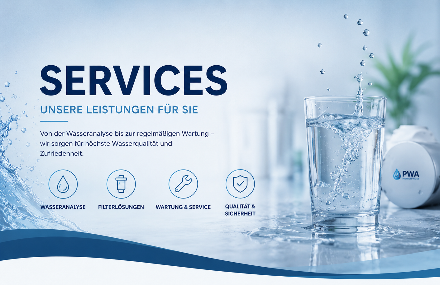 Informationsblatt über Wasser-Service mit Wasseranalyse, Filterlösungen, Wartung & Service sowie Qualität & Sicherheit. Abgebildet ist ein Glas mit Wasser und eine Wasser-Purifizierungsanlage.