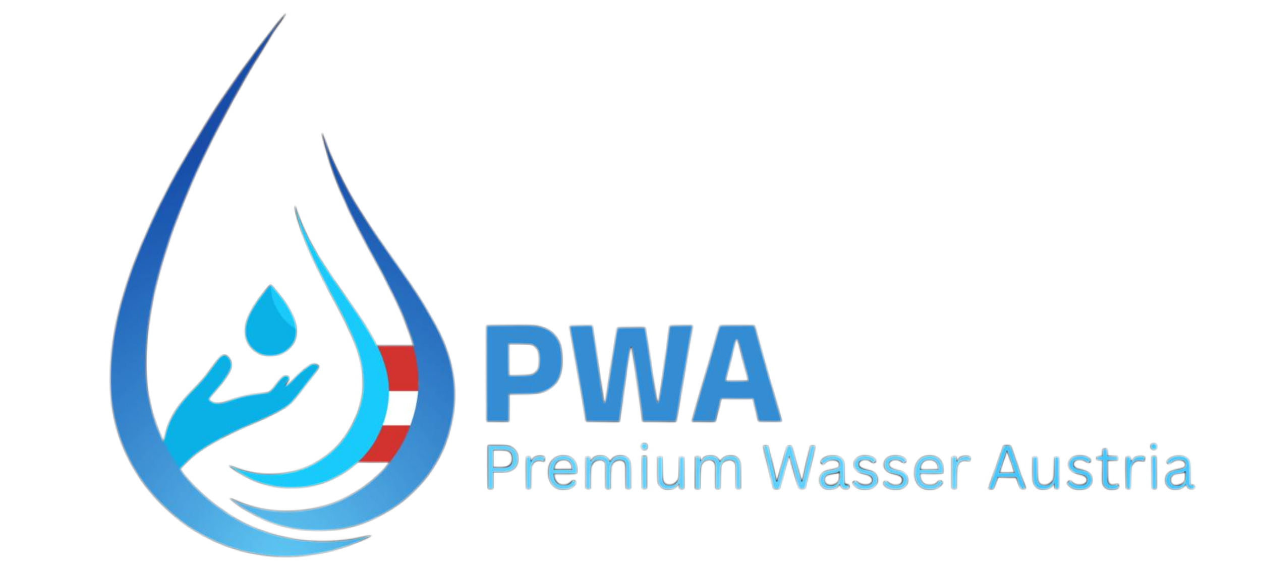 Logo der Wasserfirma PWA Austria mit blauen Wassertropfen und der österreichischen Flagge, Text: Premium Wasser Austria