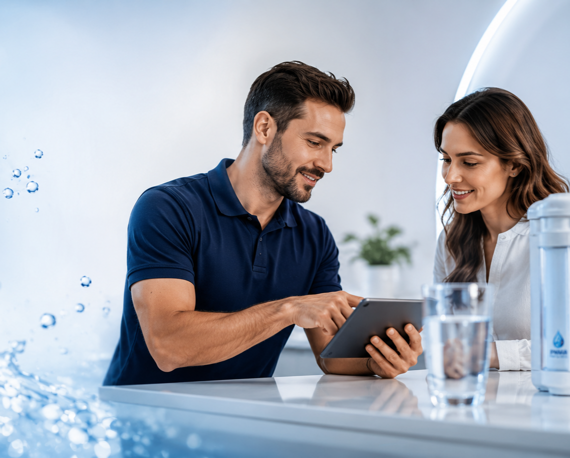 Ein Mann und eine Frau betrachten gemeinsam ein Tablet an einem Tisch mit Wasser und Wasserfilter im Hintergrund.