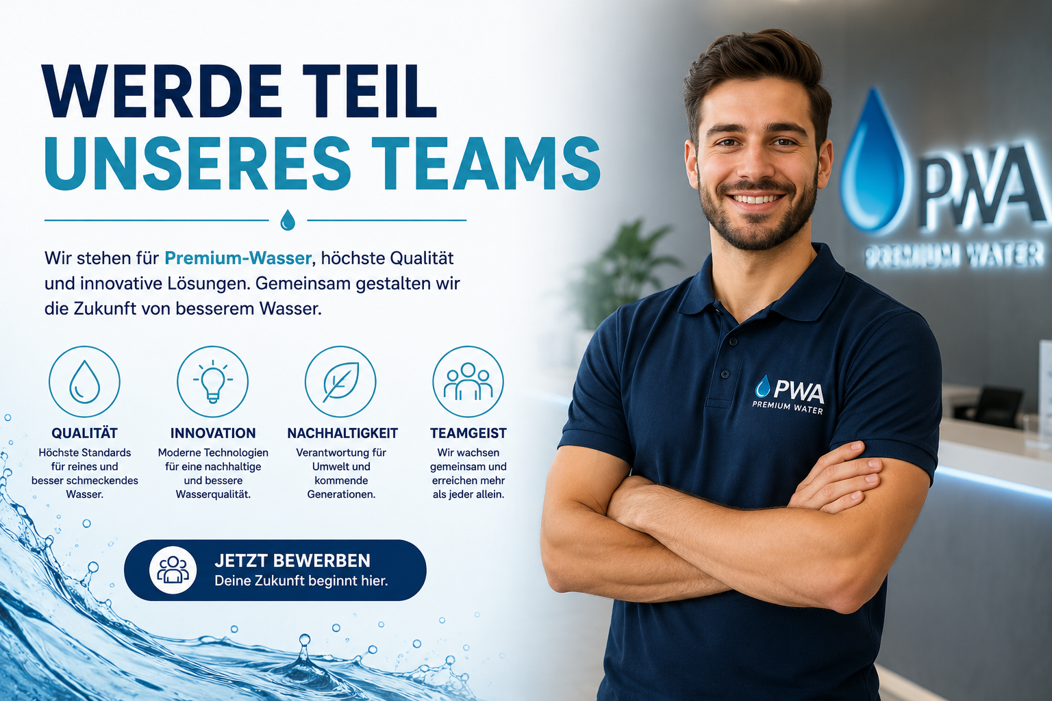 Ein Mann in einem blauen Polo-Shirt mit PWA-Logo steht mit verschränkten Armen in einem Unternehmen für Wasser. Im Hintergrund ein beleuchtetes PWA-Logo an der Wand. Das Bild ist Teil einer Kampagne, die dazu aufruft, Teil des Teams zu werden, mit Text über Wasserqualität, Innovation, Nachhaltigkeit und Teamgeist.