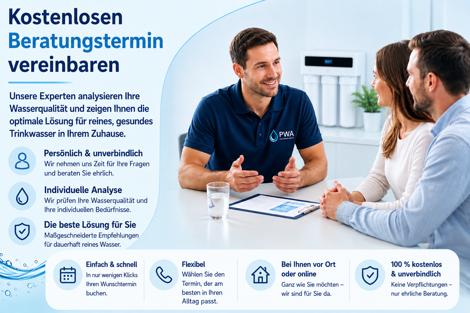 Werbeflyer für einen kostenlosen Wasserberatungstermin zeigt ein Beratungsgespräch zwischen einem Experten in blauer PWA-Uniform und einem Paar in einem modernen, weißen Raum, mit Wasserfilter im Hintergrund.