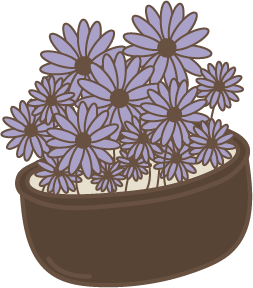 A brown pot filled with purple flowers.