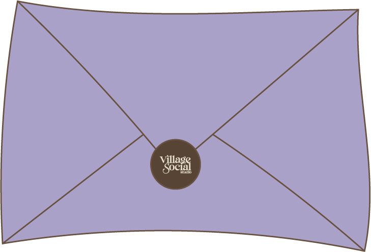 A purple envelope with a brown circular sticker in the center that says "Village Social".