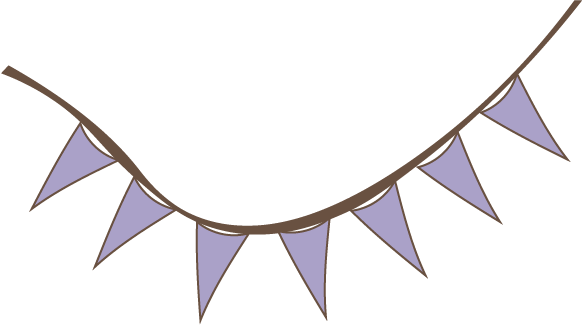 Close-up of a black fabric with purple pennant banners hanging across it.
