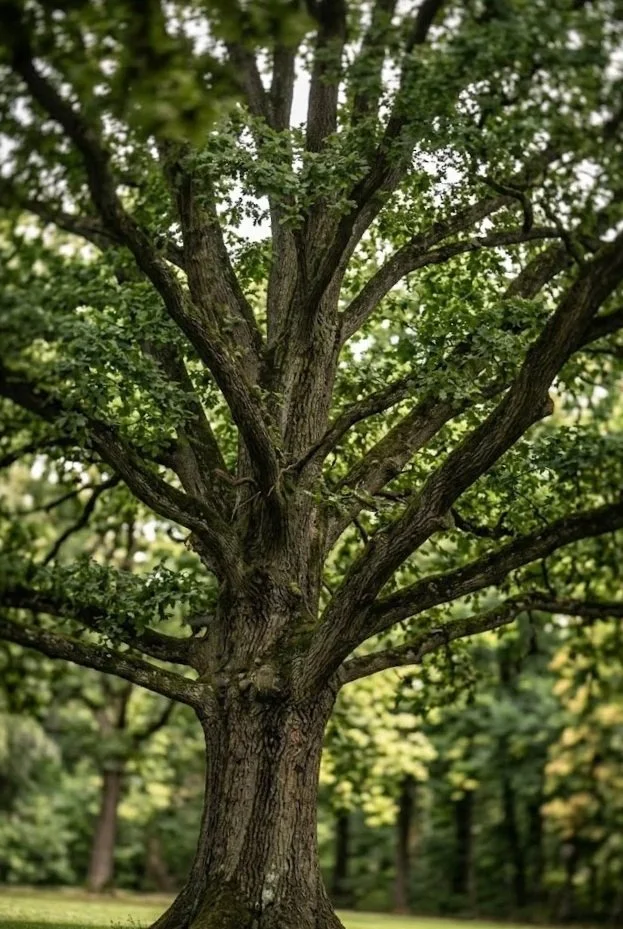 Ein großer Baum mit dickem Stamm und grünen Blättern in einem Park oder Wald.