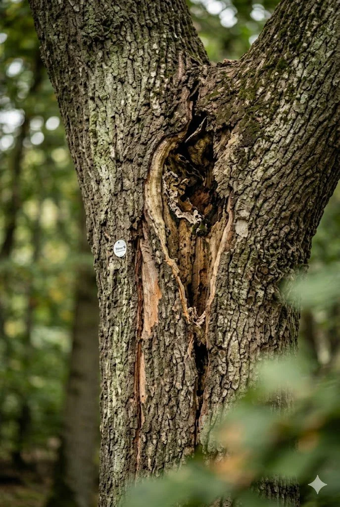Ein Baum mit einer großen Horizontalrissigkeit in der Rinde, die vermutlich durch den Befall von Käfer oder natürlichen Alterungsprozess entstanden ist.
