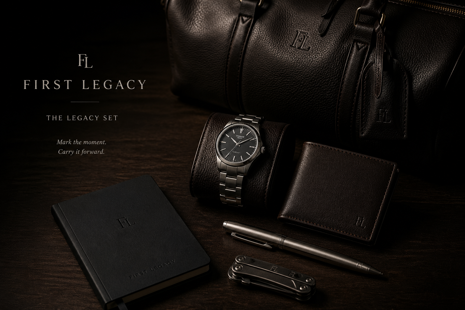 A collection of First Legacy brand accessories including a black leather bag, a black leather wallet, a silver wristwatch with black dial, a notebook, a pen, and a multi-tool knife, all arranged on a dark wooden surface.