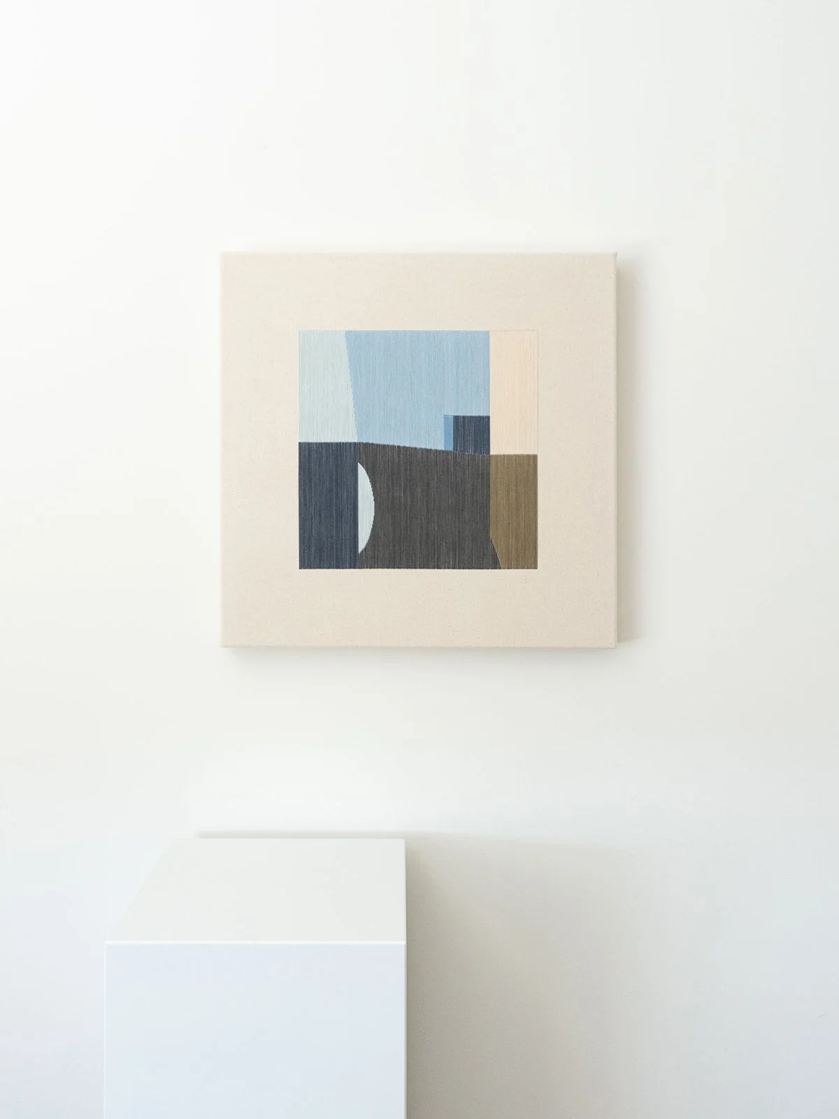 Front view of In-Between (50x50cm) abstract artwork with a pedestal by Kateryna Chernetska.