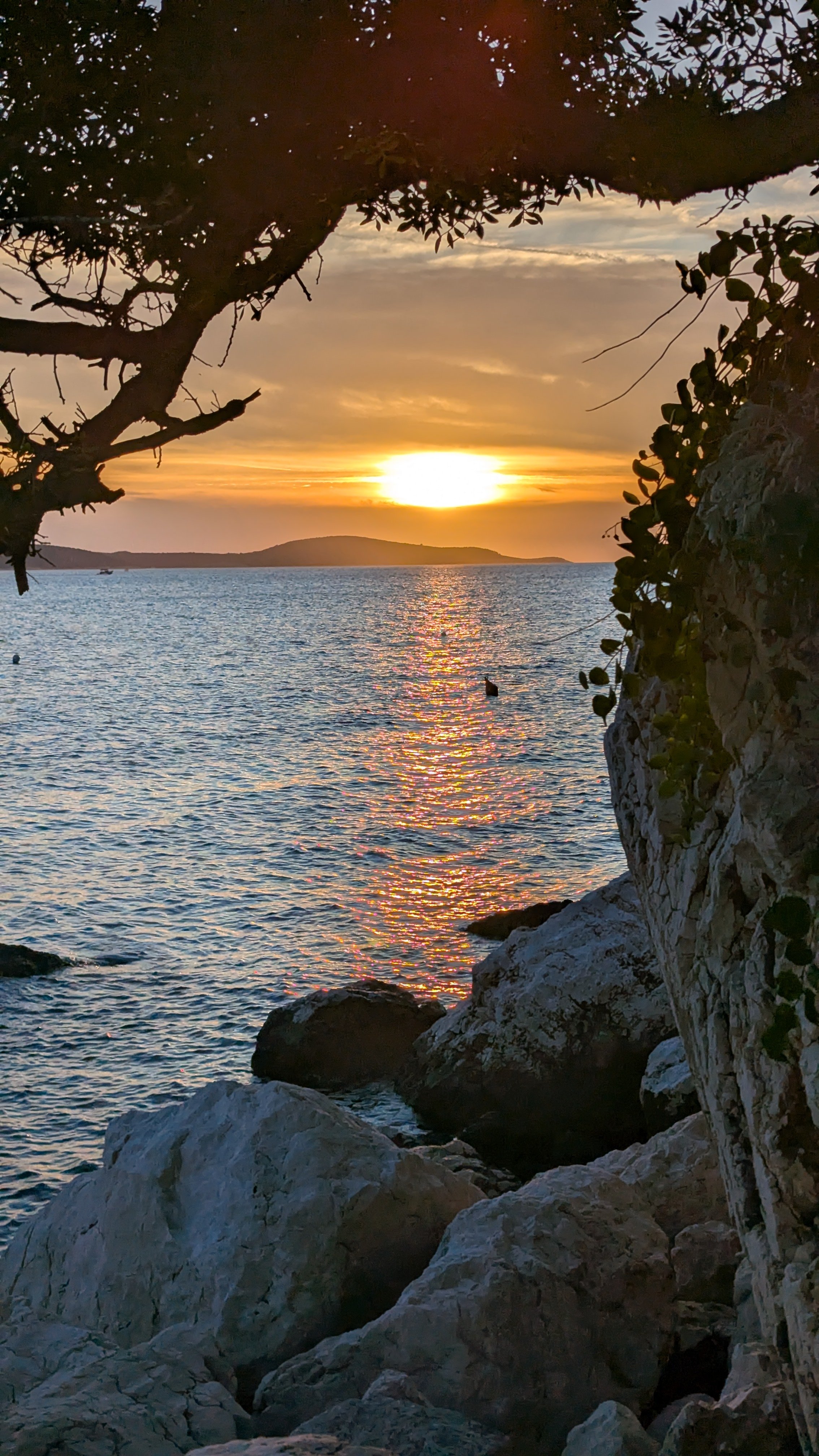 Sunset over water viewed through rocks and tree branches.
