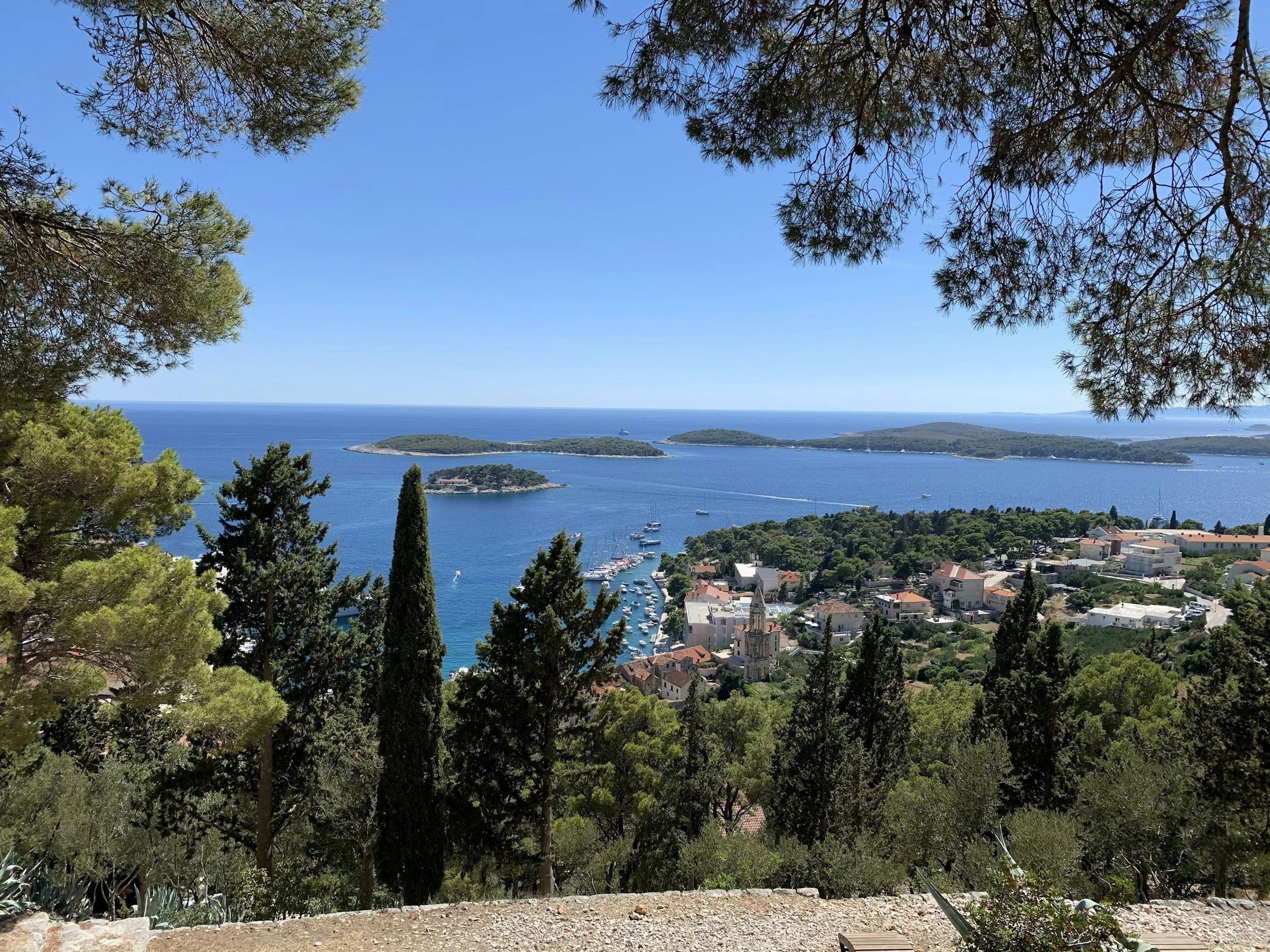 View of a coastal town with a harbor, boats, and islands, framed by tall trees and greenery, with clear blue skies and a distant ocean.