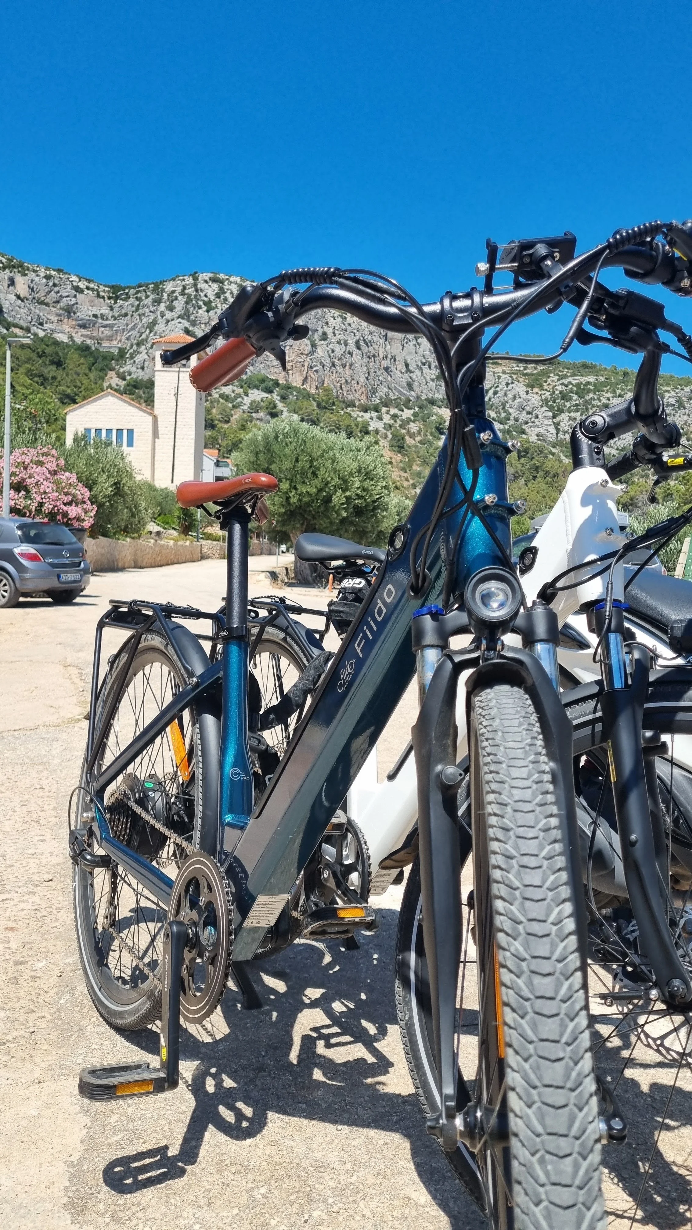 Two electric bicycles parked outdoors with a scenic mountain background, blue sky, and residential buildings.
