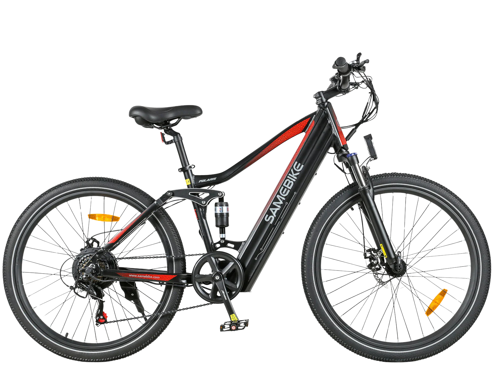 Black and red SAM CYCLE electric mountain bike with suspension, disc brakes, and thick tires placed against a white background.