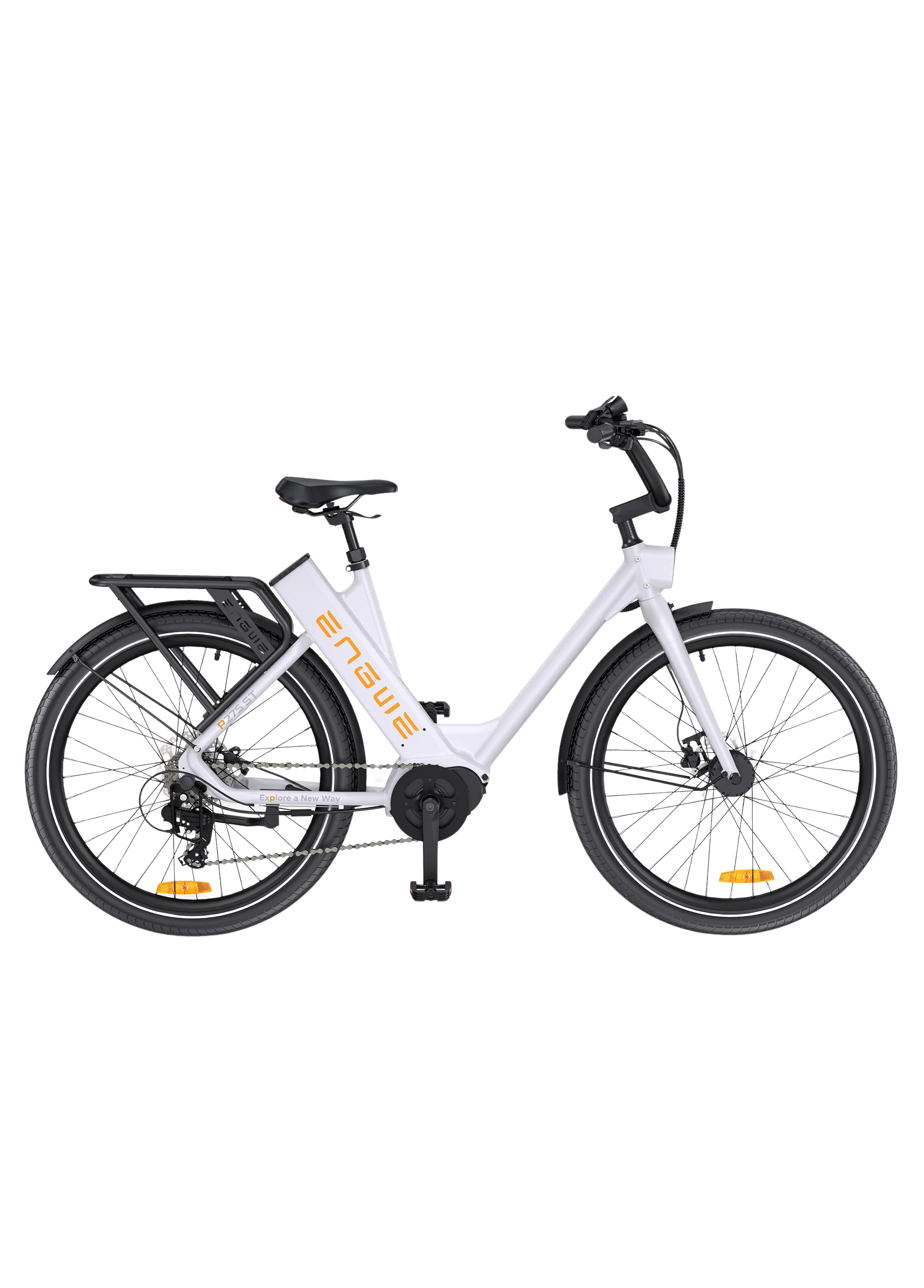 A white electric bicycle with black accents, labeled "Enve" and "Explore a New Way," featuring a rear cargo rack, black tires with yellow reflectors, and a black saddle.