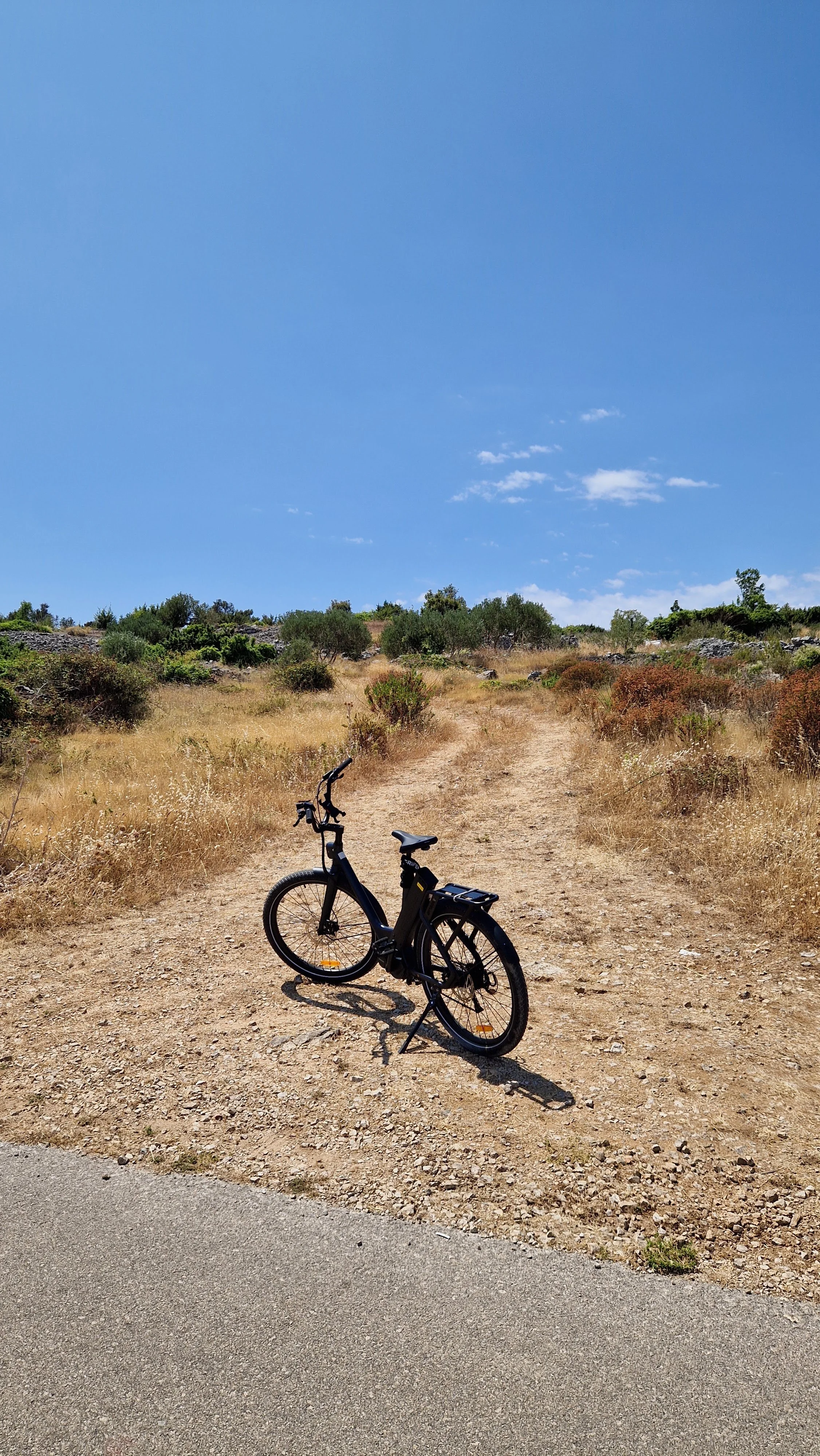 A black bicycle parked on a dirt trail with dry grass and small bushes, under a clear blue sky.