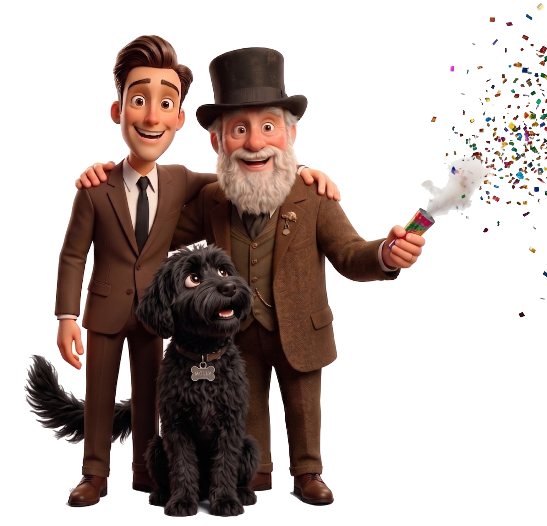 AI Michael and AI Darwin celebrating with Molly the dog and colourful confetti.