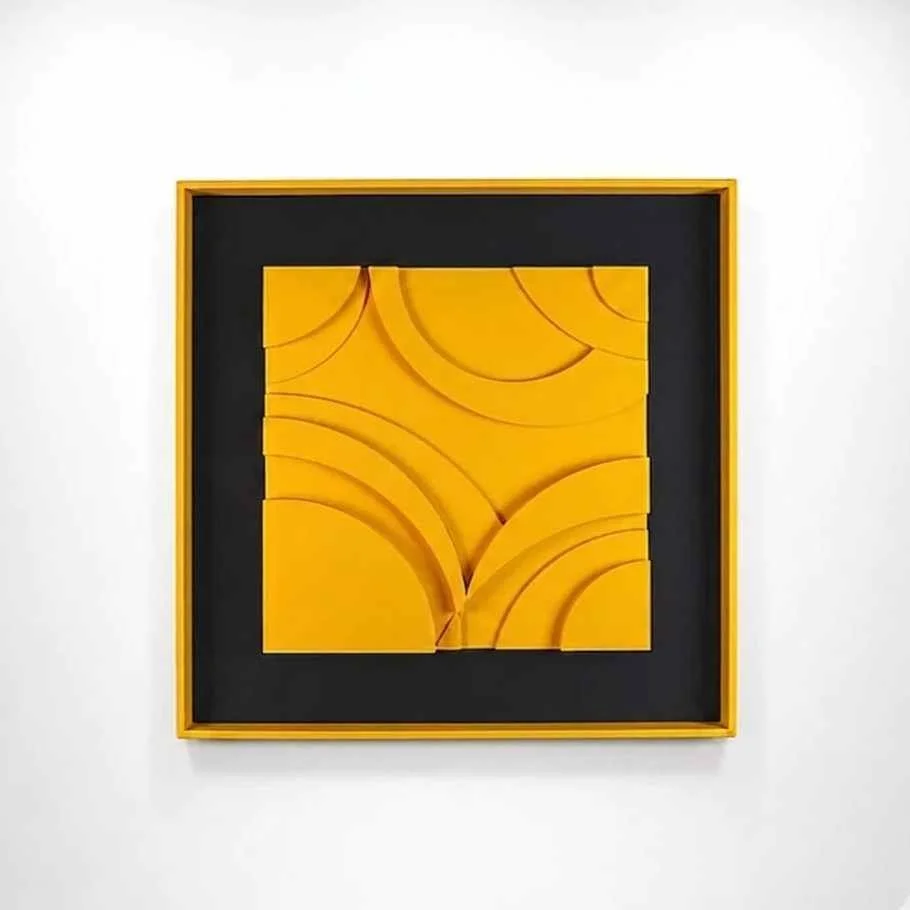 Yellow and black modern geometric bas-relief sculpture by Alessandro Butera, tailored for high-end corporate spaces, luxury yacht interiors, and premium architectural decors.