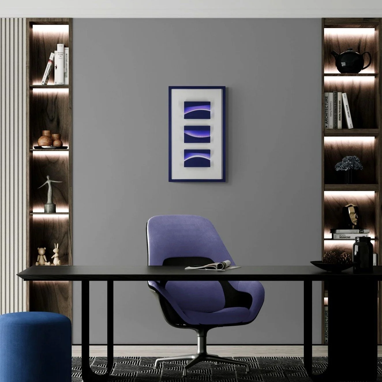  Vertical three-module blue LED bas-relief by Alessandro Butera, integrated white LED light reflecting on the passe-partout, hand-painted frame, for luxury interiors